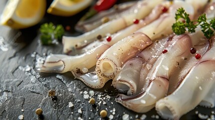 Squids sitting on top of a table, perfect for seafood restaurant promotions