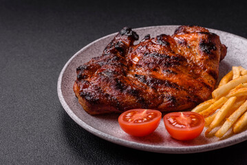 Fresh juicy delicious beef steak on a dark background