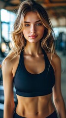 Obraz na płótnie Canvas portrait of beautiful sporty fitness woman, doing fitness exercises, working out at gym, fit slim body, healthy concept