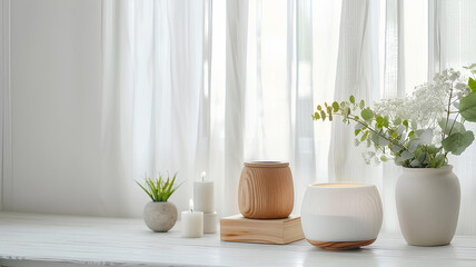 wooden Aroma lamp on white wooden table in white room