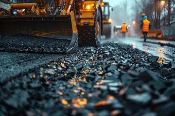 Action shot of asphalt being poured during road construction - obrazy, fototapety, plakaty