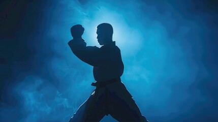 A man striking a powerful karate pose. Ideal for sports or martial arts concepts