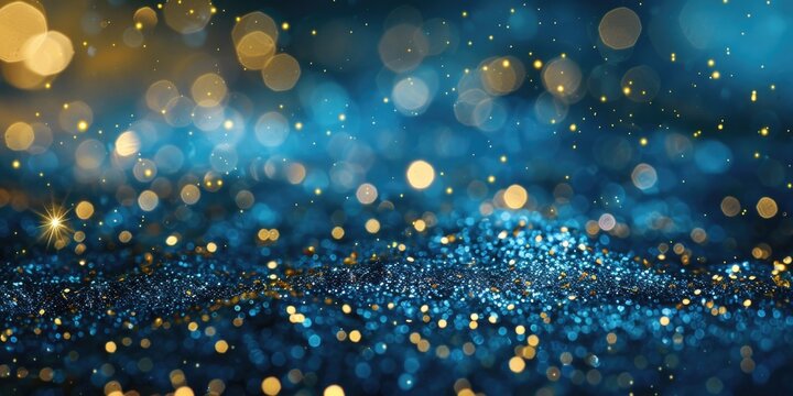 Close up of a blue and gold glitter background. Ideal for festive designs