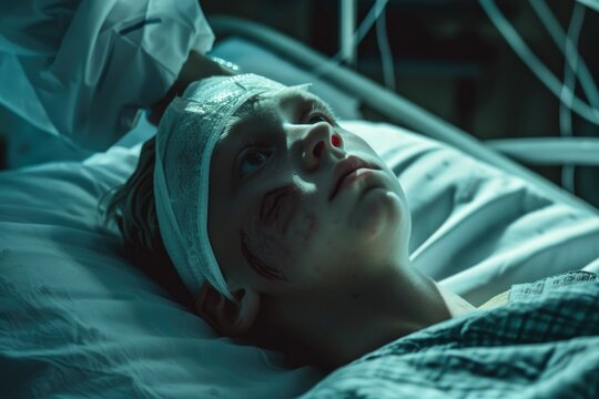 Woman laying in hospital bed with bandage on head, suitable for medical concepts
