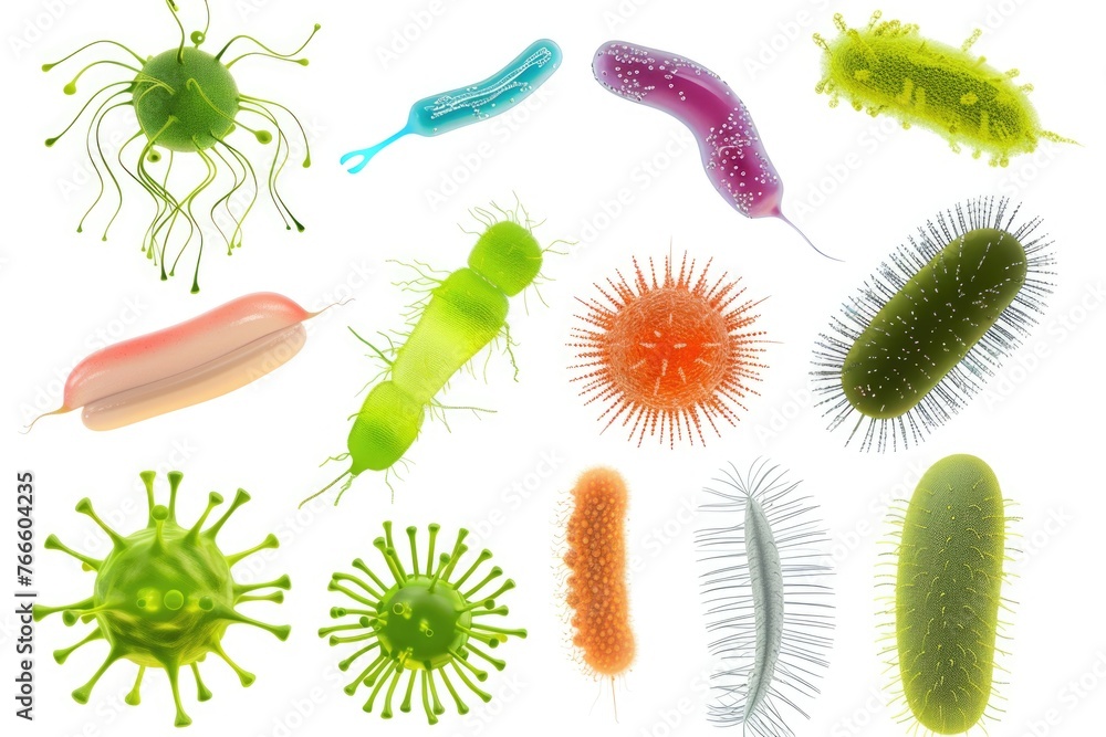 Poster image of different germs on a plain white background. suitable for medical and scientific presentati