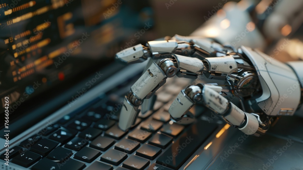 Poster A robotic hand resting on a laptop keyboard. Suitable for technology concepts
