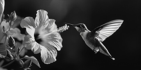 A beautiful black and white image of a hummingbird feeding from a flower. Perfect for nature and wildlife themes