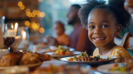 A little girl smiling at a table full of food. Perfect for food and family-related concepts - obrazy, fototapety, plakaty