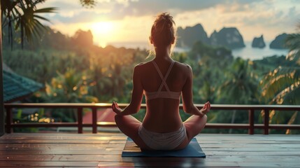 Portrait of beautiful woman does yoga in Thailand on the terrace - obrazy, fototapety, plakaty