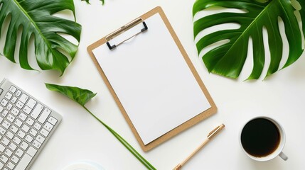Top view blank clip board and other office supplies on white office table background. AI generated