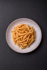 Delicious crispy golden fries with salt and spices - 766604479