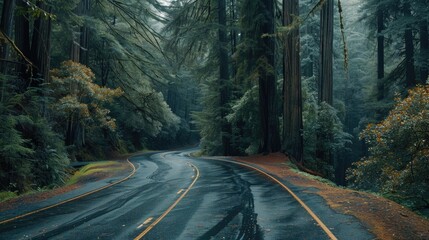 A wet road in the middle of a forest, suitable for nature-themed designs
