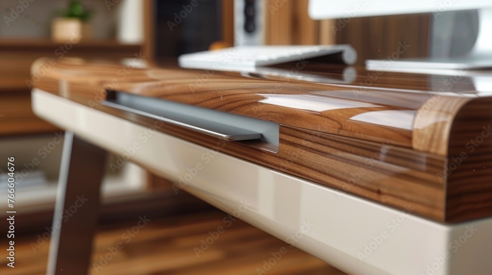 Aufkleber A wooden desk with a computer on top. Suitable for office or technology concepts