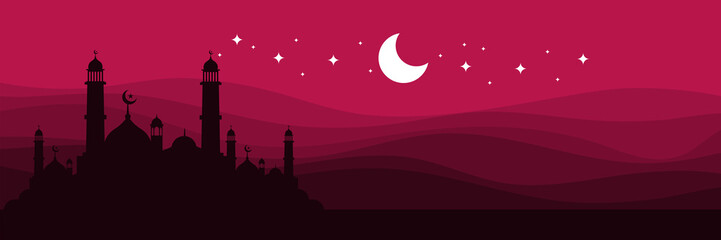 islamic religion arabian crescent moonrise night sky vector illustration with mosque silhouette ramadan good for web banner, ads banner, booklet, wallpaper, background template, and advertising