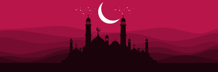 islamic religion arabian crescent moonrise night sky vector illustration with mosque silhouette ramadan good for web banner, ads banner, booklet, wallpaper, background template, and advertising