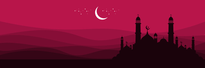 islamic religion arabian crescent moonrise night sky vector illustration with mosque silhouette ramadan good for web banner, ads banner, booklet, wallpaper, background template, and advertising - obrazy, fototapety, plakaty