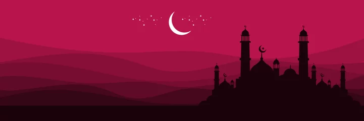 Foto op Plexiglas islamic religion arabian crescent moonrise night sky vector illustration with mosque silhouette ramadan good for web banner, ads banner, booklet, wallpaper, background template, and advertising © FahrizalNurMuhammad