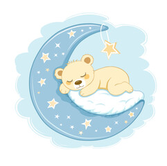 Fashion print with cute little bear sleeping on the moon. For t-shirt design, poster, banner and other design