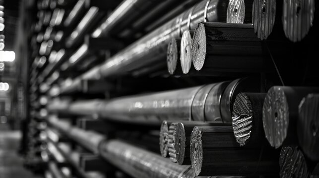 A black and white photo of a rack of pipes. Suitable for industrial concepts