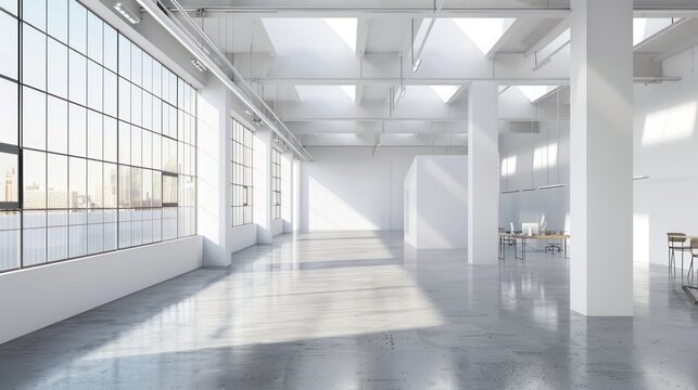 Open space Interior modern empty white office building daylight view. AI generated image