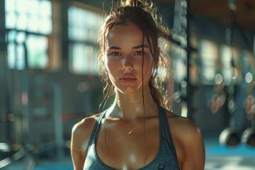 portrait of beautiful sporty fitness woman, doing fitness exercises, working out at gym, fit slim body, healthy concept - obrazy, fototapety, plakaty
