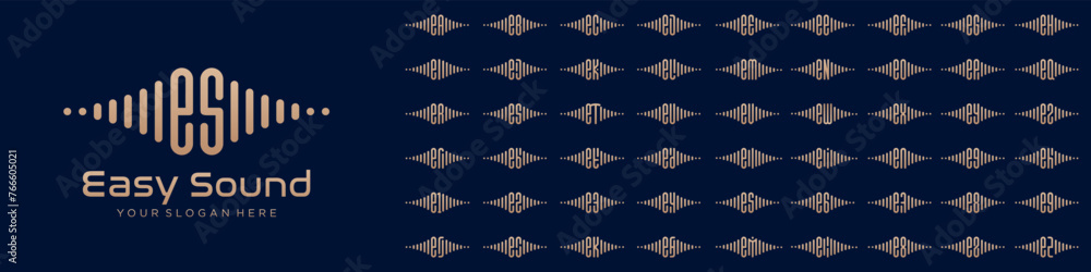 Poster logos sound combined letter e with letters from a to z and numbers from 1 to 9. vector illustration