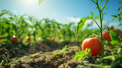 A few ripe tomatoes are hanging from a plant in a field. The tomatoes are bright red and are surrounded by green leaves. The scene is peaceful and serene, with the sun shining down on the plants. - Powered by Adobe