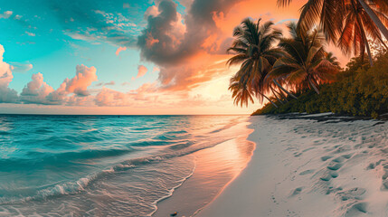 Idyllic Tropical Beach Sunset - Pristine Sandy Shoreline with Lush Palm Trees and Tranquil Turquoise Ocean, Vibrant Skies Over Crystal-Clear Waters and Untouched Sandy Cove