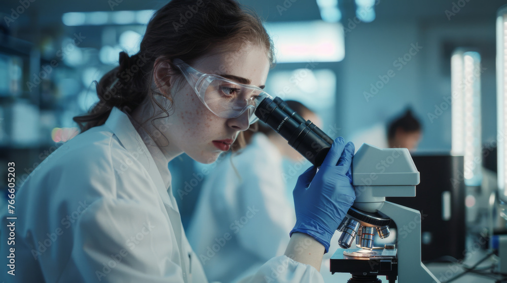 Poster a scientist is examining a specimen through a microscope in a modern laboratory setting.
