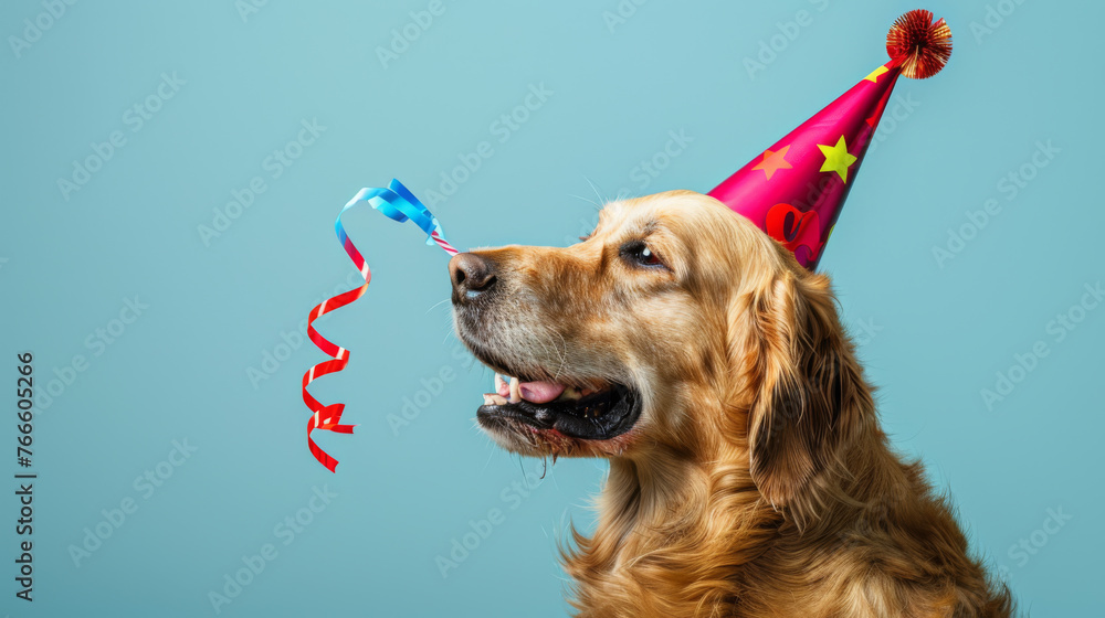 Canvas Prints a dog wearing a party hat holds a ribbon streamer in its mouth.