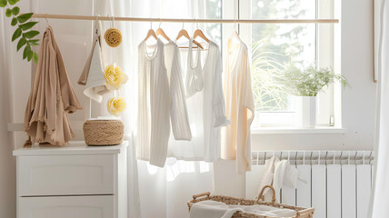 Woman hanging clean laundry on drying rack in white bathroom - obrazy, fototapety, plakaty