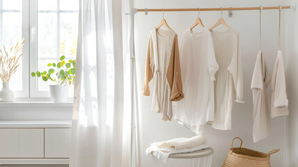 Woman hanging clean laundry on drying rack in white bathroom