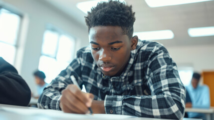 A young male student with glasses engrossed in writing during a classroom exam.