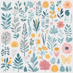 A collection of seamless pattern, colorful abstract plants and flowers. Hand drawn Collection of leaves and flowers. A close up of a pattern of flowers and leaves.

