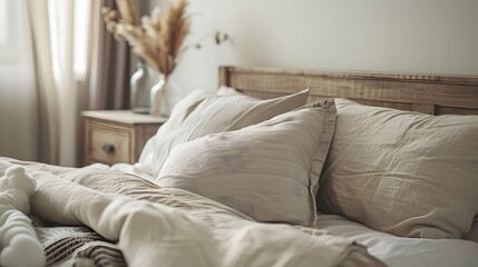 Close up of bedside cabinet near bed with beige bedding. French country interior design of modern bedroom.