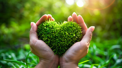 A person is holding a green heart made of grass. Concept of love and care for nature.