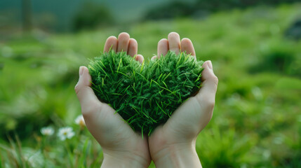 Naklejka na ściany i meble A person is holding a green heart made of grass. Concept of love and care for nature.
