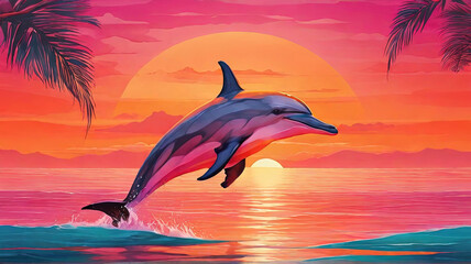 A landscape with a dolphin jumping out of the sea at sunset