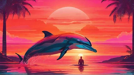Zelfklevend Fotobehang Landscape with a dolphin swimming in the sea at sunset © Евгения Селезнева