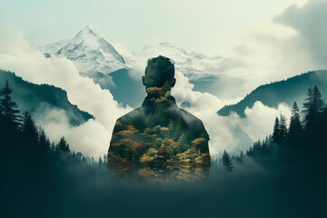 Human is part of nature. Transparent silhouette of a man and a mountain landscape. Earth Day. - obrazy, fototapety, plakaty
