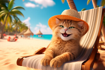 Funny Ginger kitten in a summer hat lies in a sun lounger and smiles happily on a tropical beach. Traveling with a pet cat. Image for tour operator blog, travel agency website