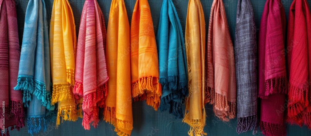 Poster an assortment of colorful scarves hanging neatly in a row on a wall, showcasing a spectrum of hues a