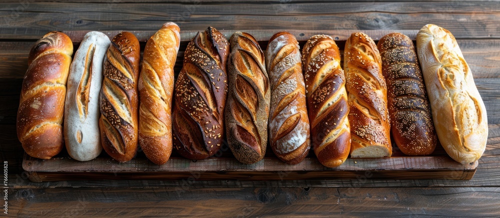 Poster various types of fresh breads are neatly arranged in rows on a wooden board.