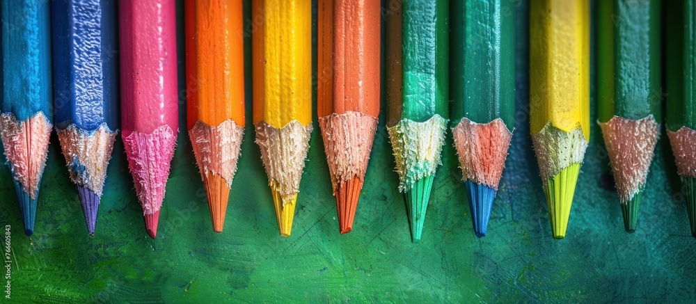 Poster a vibrant row of assorted sharpened colored pencils lined up neatly in a row ready for use.