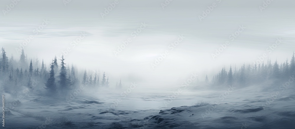 Poster a landscape covered in snow with tall trees on the sides and a flowing stream in the middle