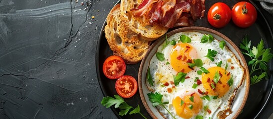 A black plate holding fried eggs and toasted bread, making a delicious and satisfying breakfast option.