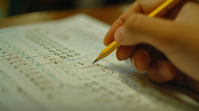 A hand with a pencil filling in a bubble sheet for a test.