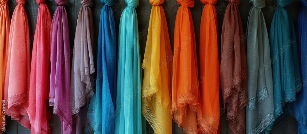 Poster A rack displaying a vibrant array of colorful scarves hanging neatly on a wall, adding a splash of color to the space.