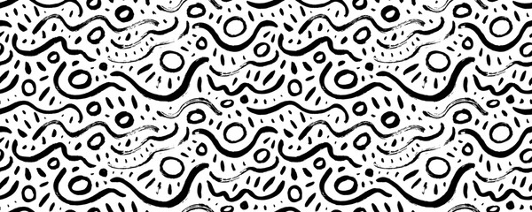  Fun squiggles, circles and brush strokes seamless pattern. Abstract hand drawn doodle shapes.