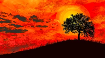 Gordijnen Fiery sunset silhouette with lone tree © edojob